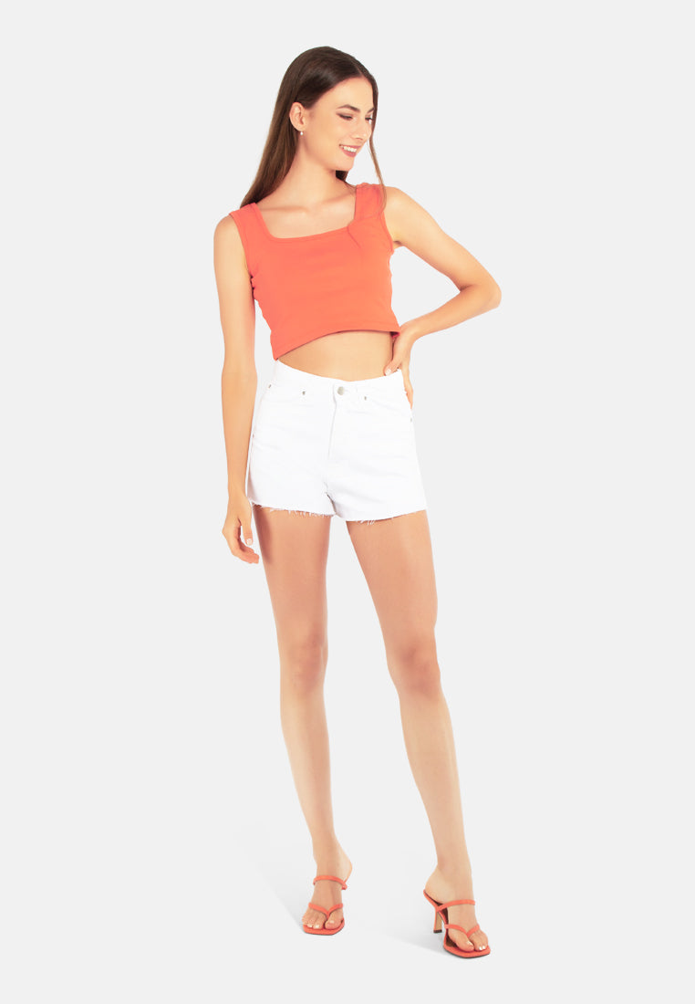 jeans high waist raw hem shorts#color_white