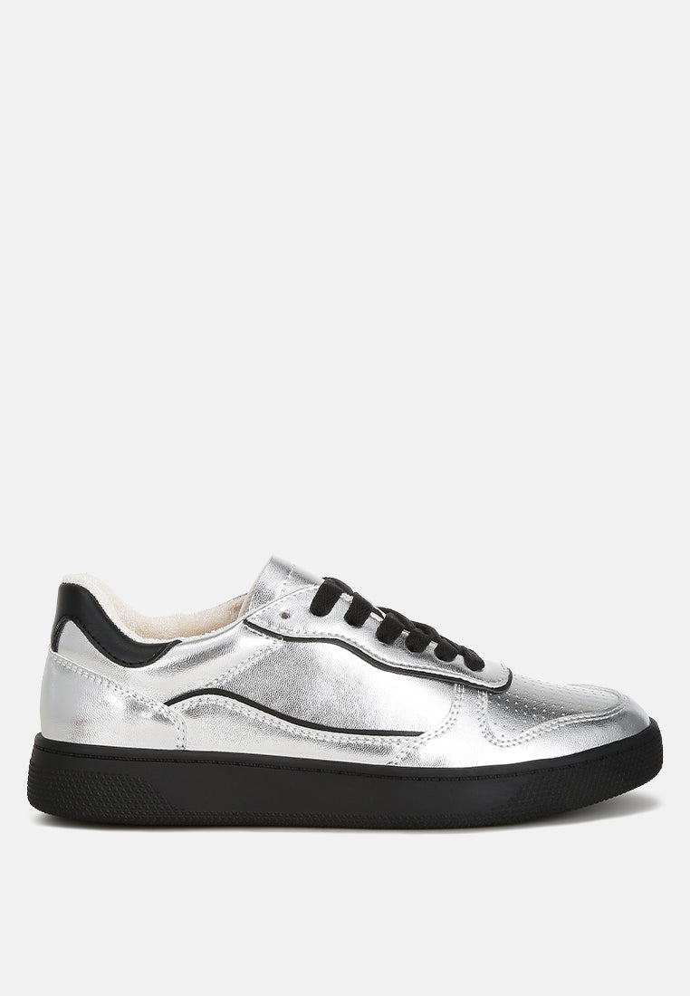 metallic faux leather everyday sneakers by ruw#color_silver-black