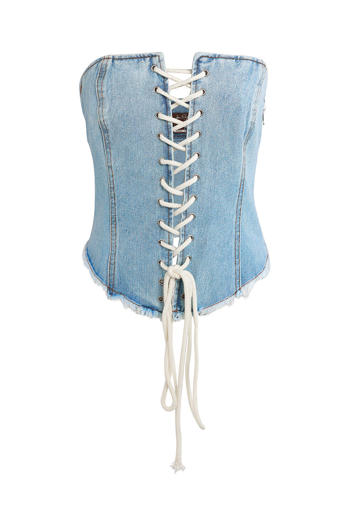 lace up denim corset top by ruw#color_light-blue