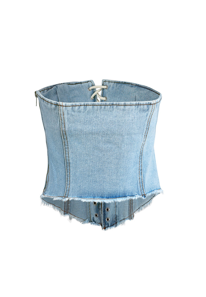 lace up denim corset top by ruw#color_light-blue