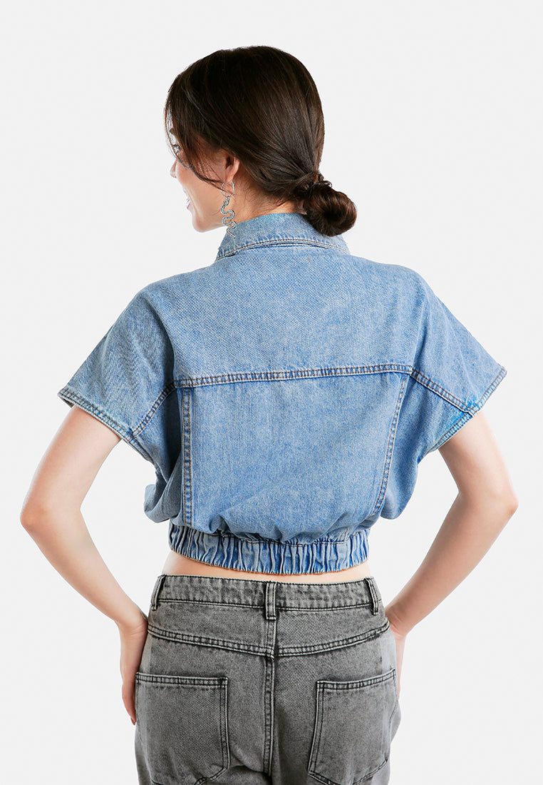 drop shoulder sleeves cropped denim vest#color_light-blue