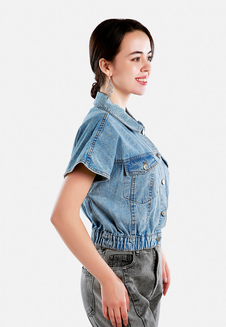 drop shoulder sleeves cropped denim vest#color_light-blue