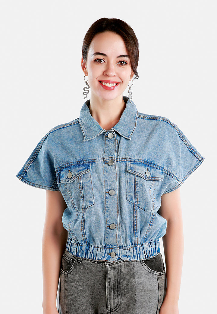 drop shoulder sleeves cropped denim vest#color_light-blue