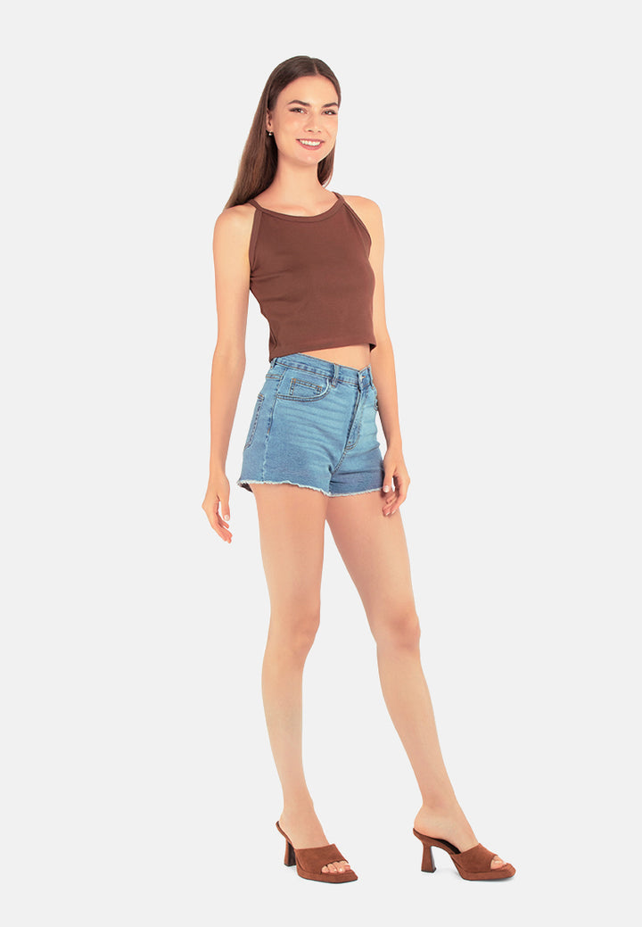 high waist raw hem shorts#color_light-blue