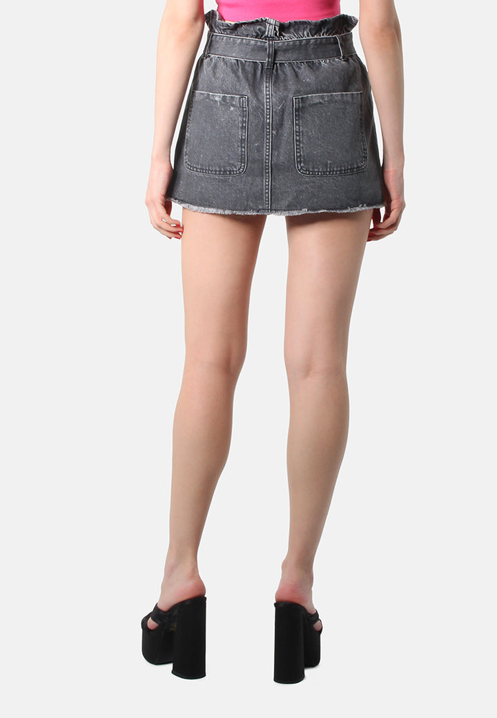 grey paperbag denim mini skirt#color_grey