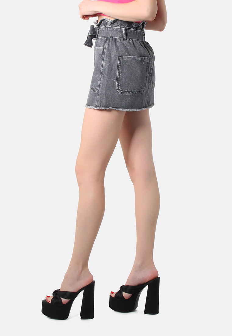 grey paperbag denim mini skirt#color_grey