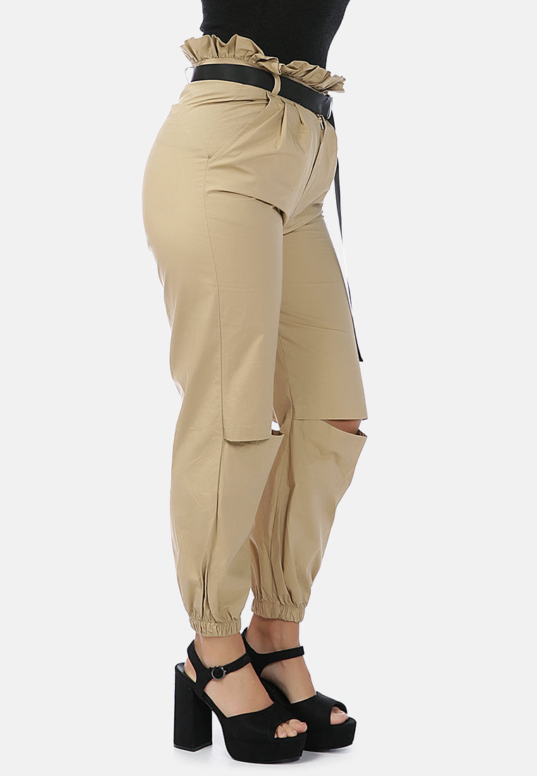 paper bag pants with buckled belt#color_khaki