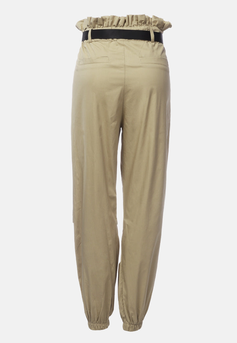paper bag pants with buckled belt#color_khaki