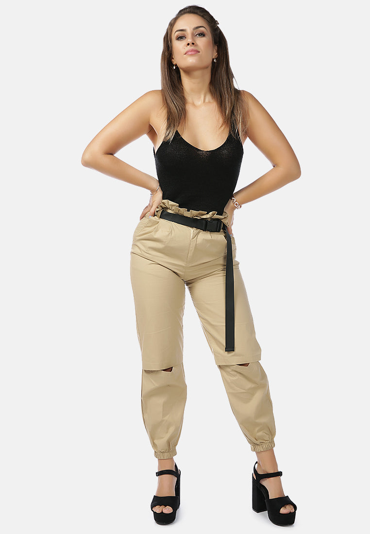 paper bag pants with buckled belt#color_khaki