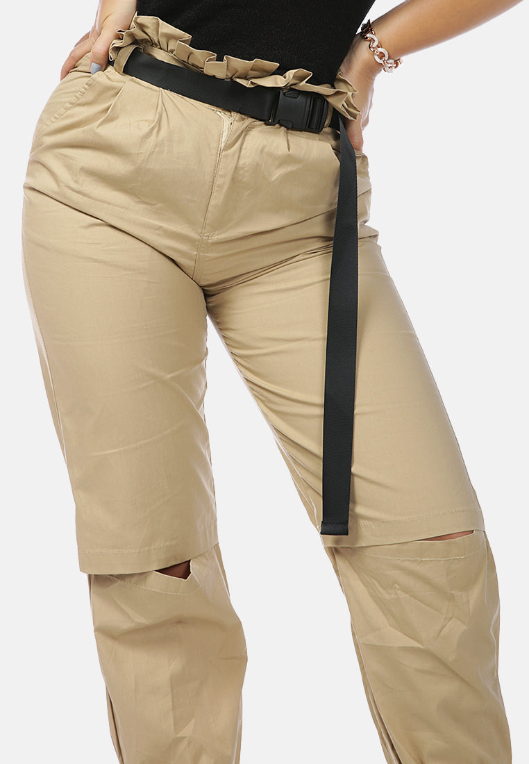 paper bag pants with buckled belt#color_khaki