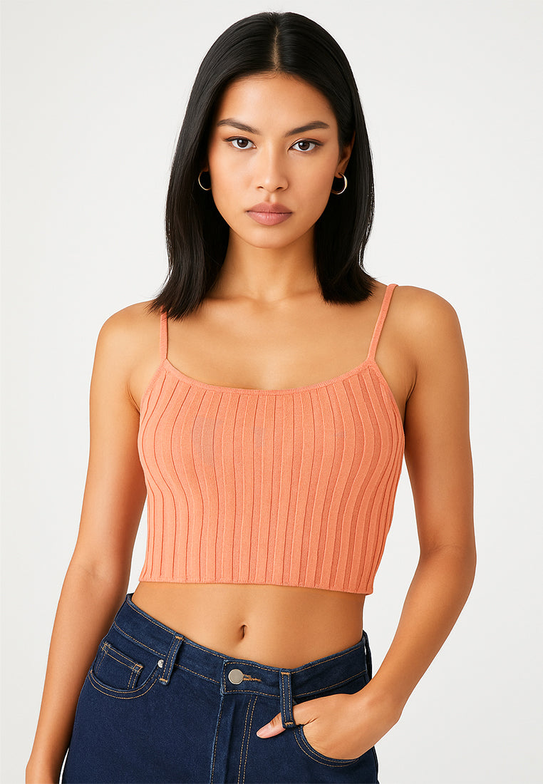 rib knit spaghetti crop top#color_coral