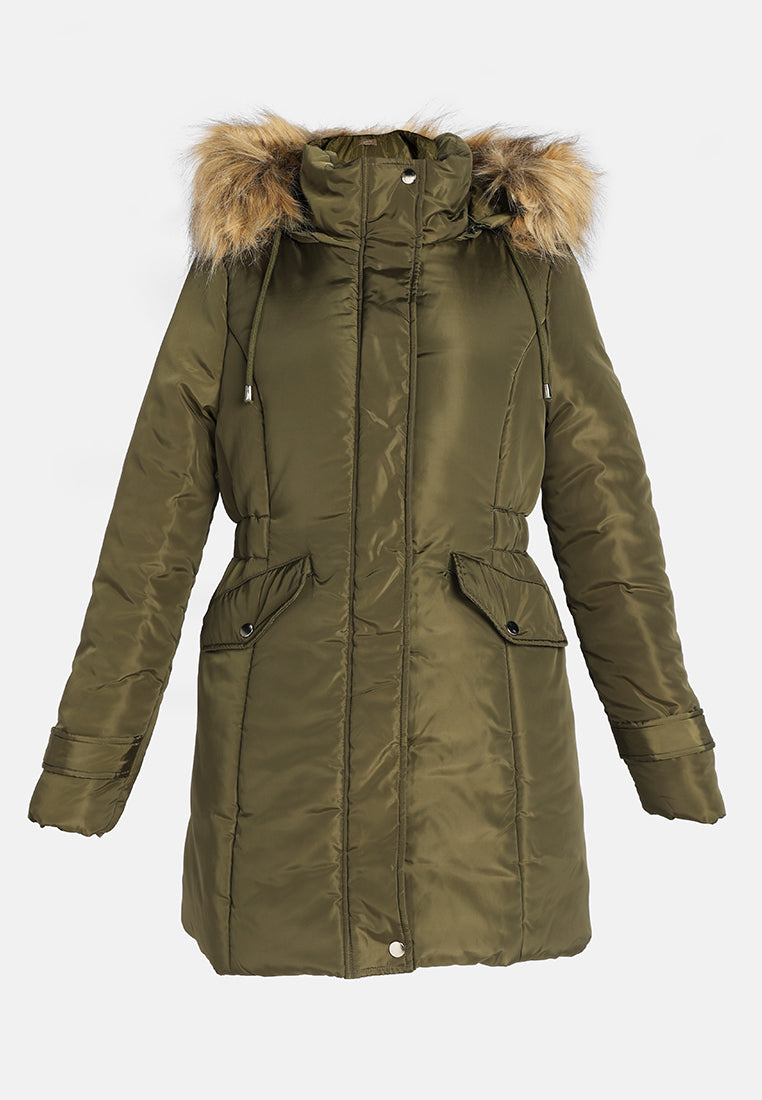 long puffer jacket hoodie#color_khaki