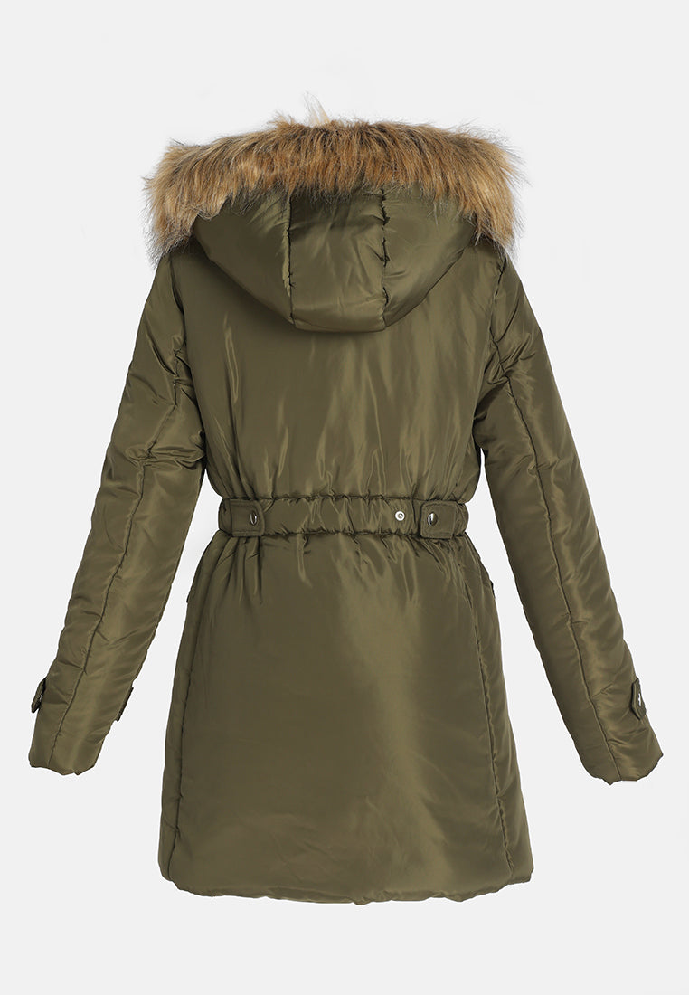 long puffer jacket hoodie#color_khaki