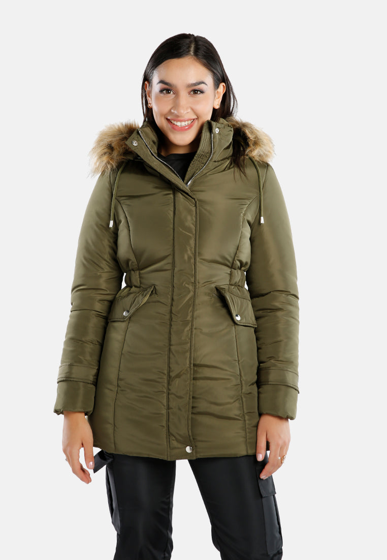 long puffer jacket hoodie#color_khaki