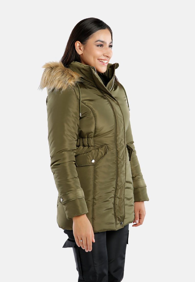 long puffer jacket hoodie#color_khaki