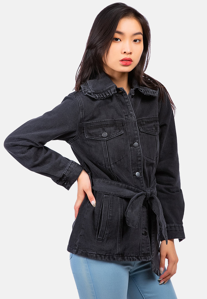 long sleeve denim belted jacket#color_black