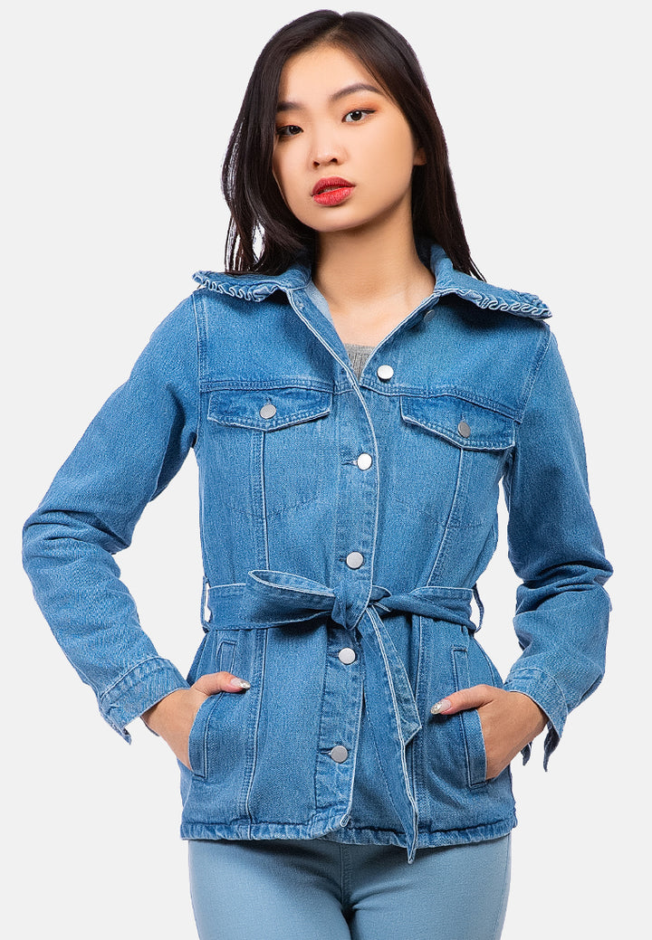 long sleeve denim belted jacket#color_mid-blue