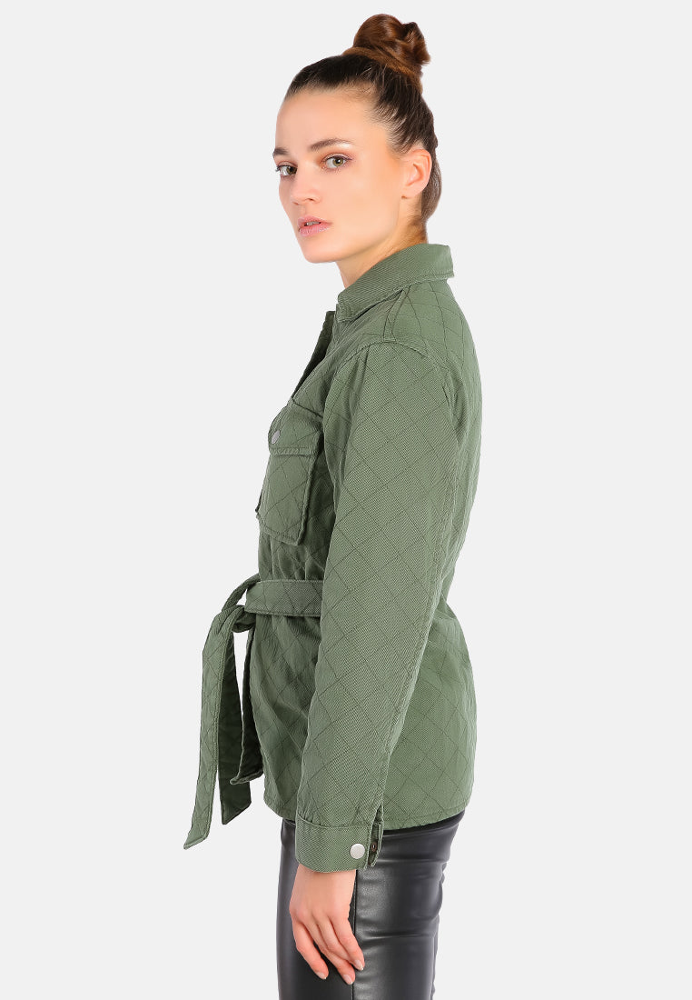 long sleeve quilt pattern belted jacket#color_khaki-green