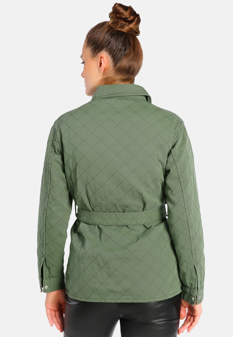 long sleeve quilt pattern belted jacket#color_khaki-green