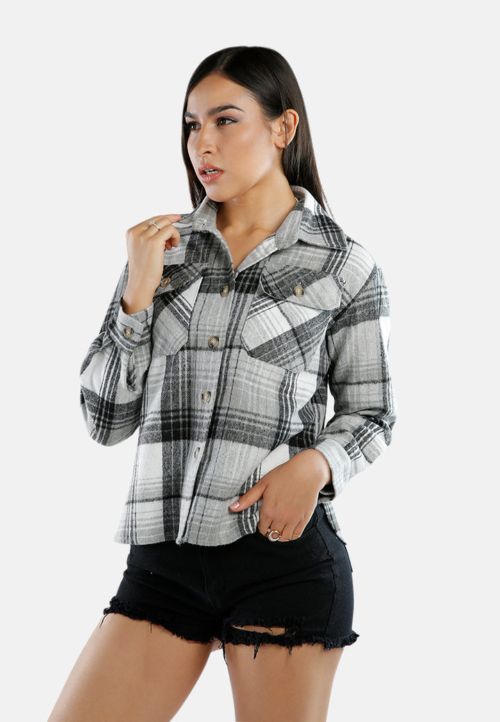 long sleeves flannel check shacket#color_black-white