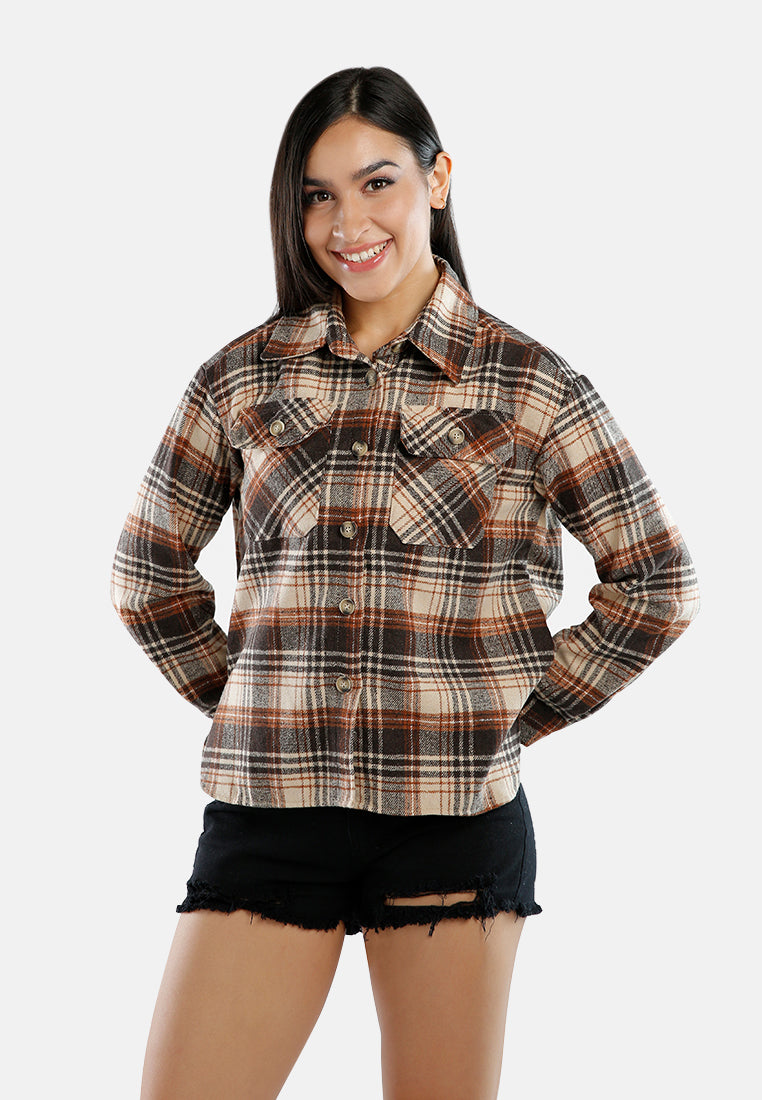 long sleeves flannel check shacket#color_brown