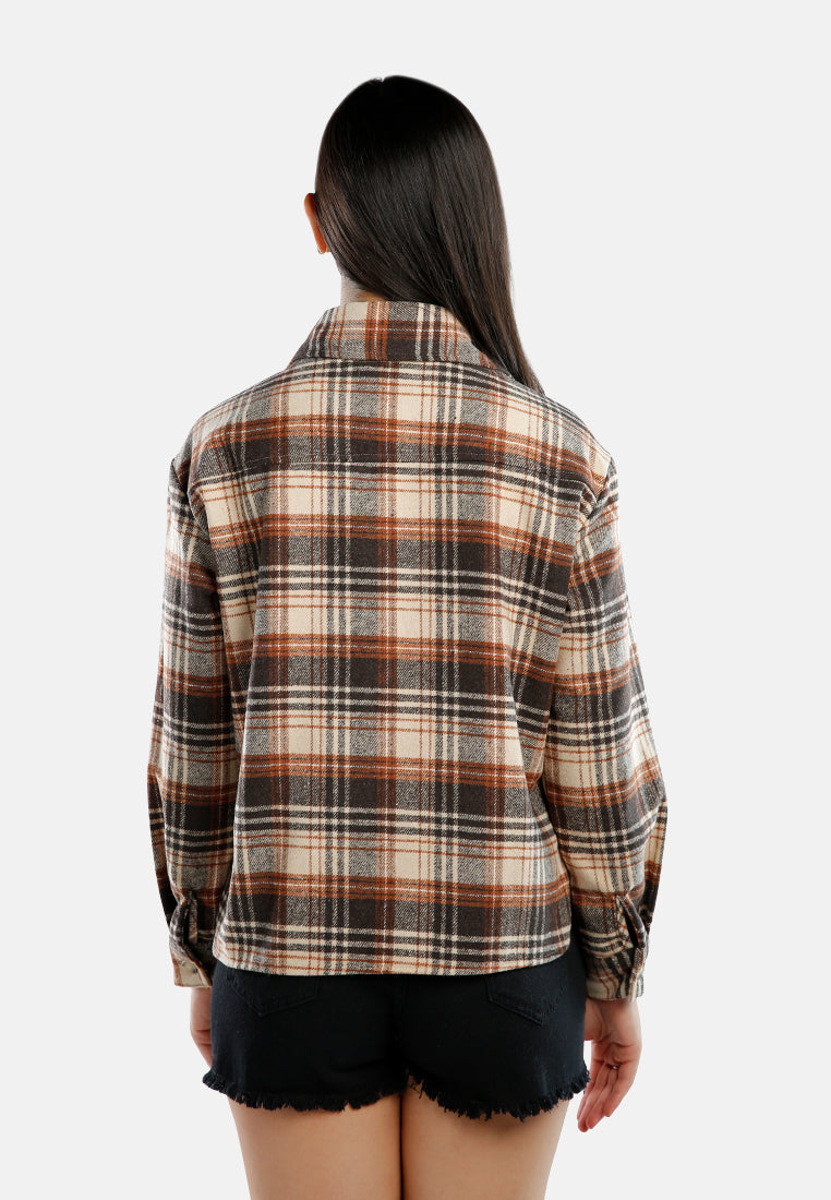 long sleeves flannel check shacket#color_brown