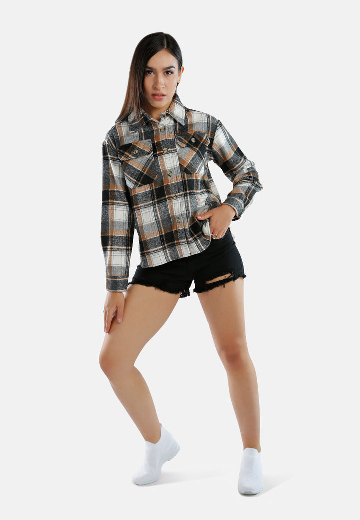 long sleeves flannel check shacket#color_grey