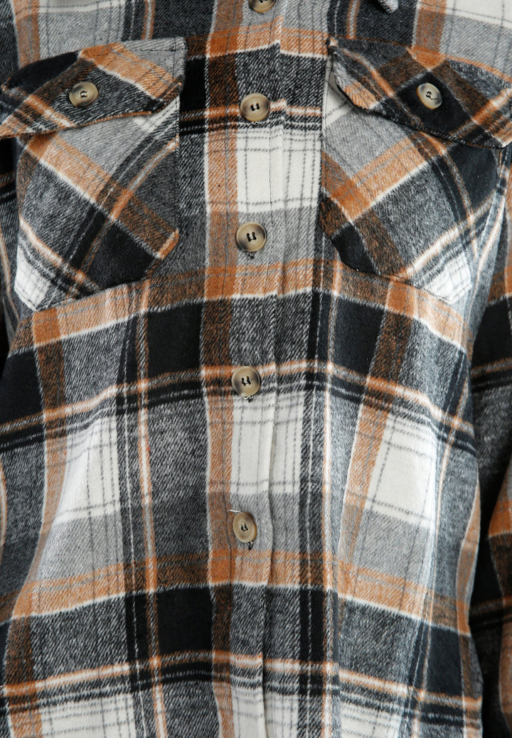 long sleeves flannel check shacket#color_grey