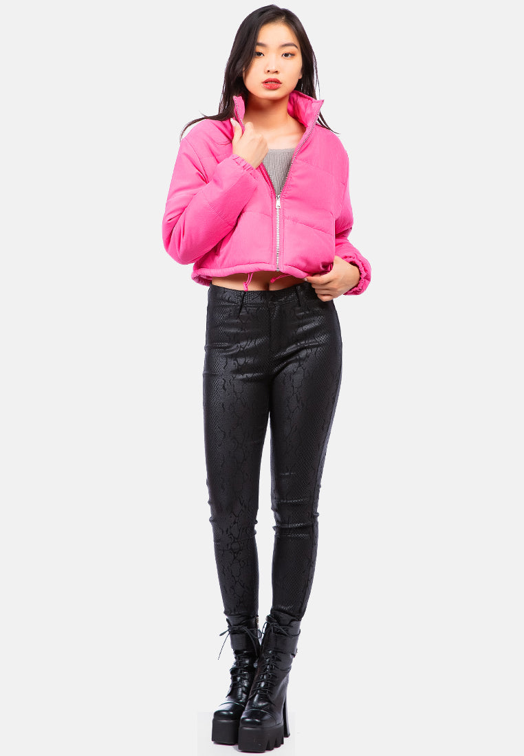 long sleeves puffer drawstring jacket#color_pink