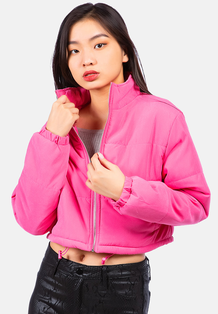 long sleeves puffer drawstring jacket#color_pink