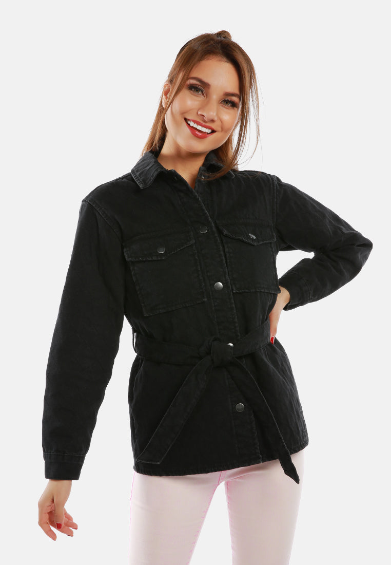 long sleeve quilt pattern belted jacket#color_black