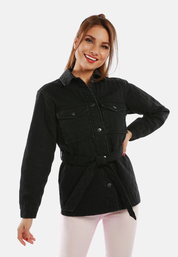 long sleeve quilt pattern belted jacket#color_black
