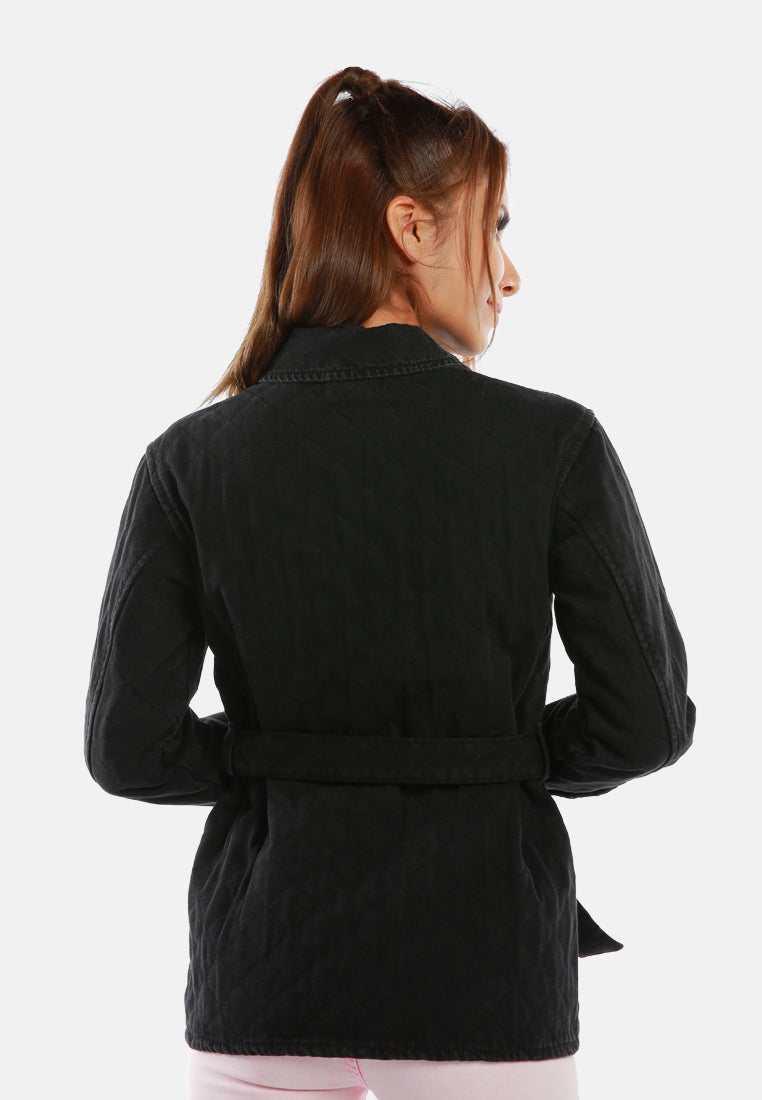 long sleeve quilt pattern belted jacket#color_black