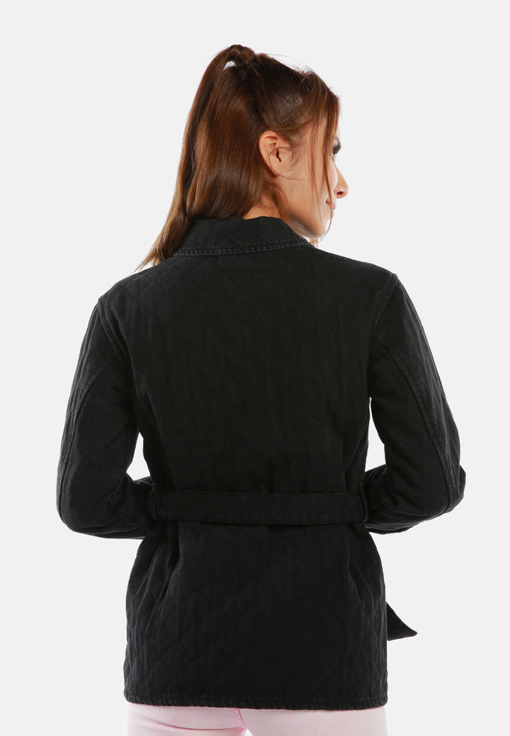 long sleeve quilt pattern belted jacket#color_black