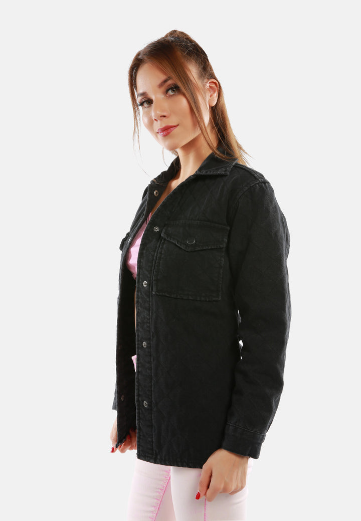 long sleeve quilt pattern belted jacket#color_black