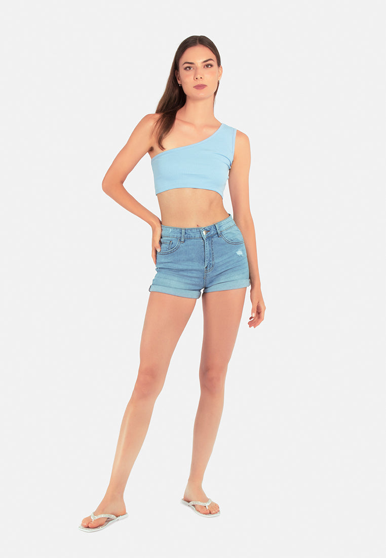 high waist rolled hem shorts#color_mid-blue