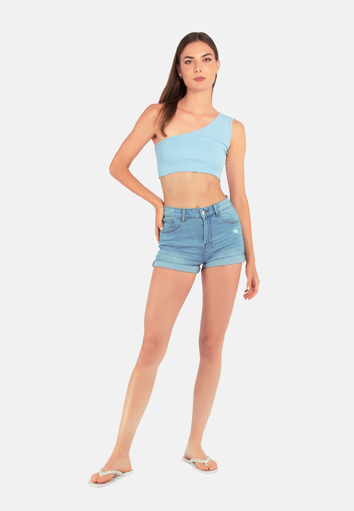 high waist rolled hem shorts#color_blue