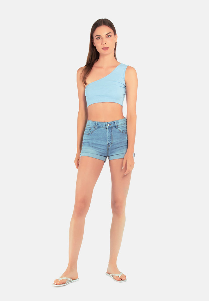 high waist rolled hem shorts#color_blue