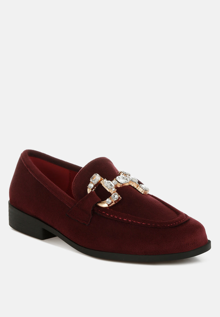 diamante embellished horsebit loafers by ruw#color_burgundy