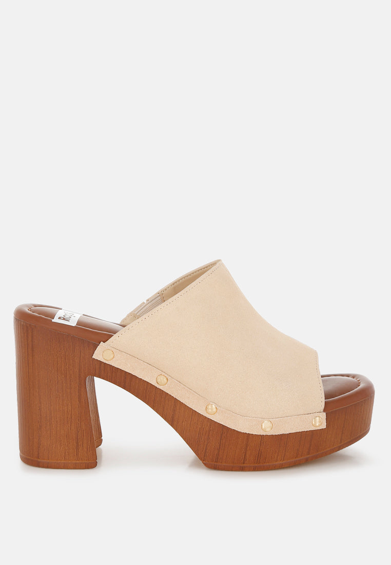 soft suede leather wooden clogs by ruw#color_beige