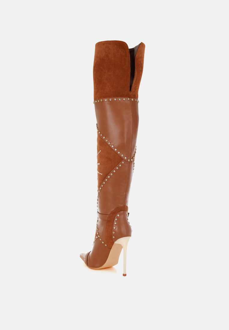 medira pointed toe embellished stiletto boots#color_tan