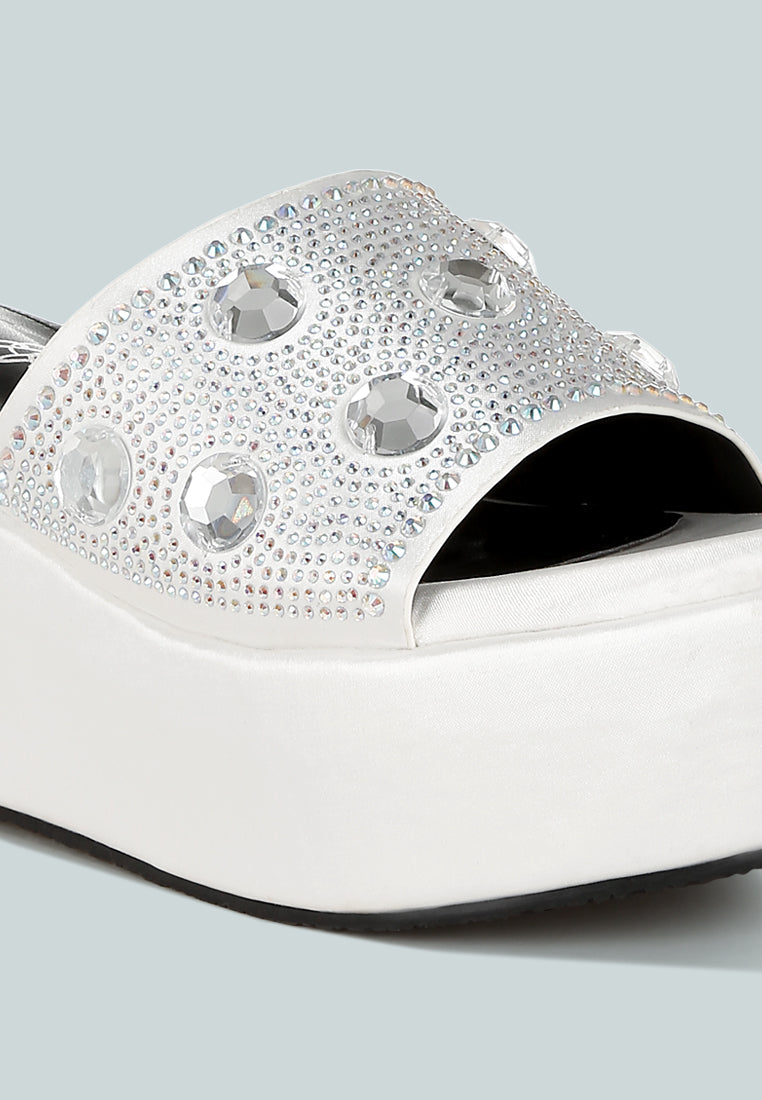 diamante & rhinestone flatform sandals by ruw#color_white