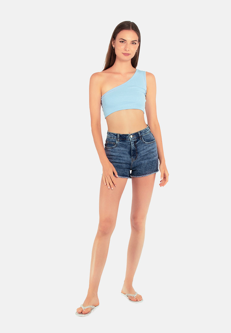 high waist raw hem shorts#color_mid-blue