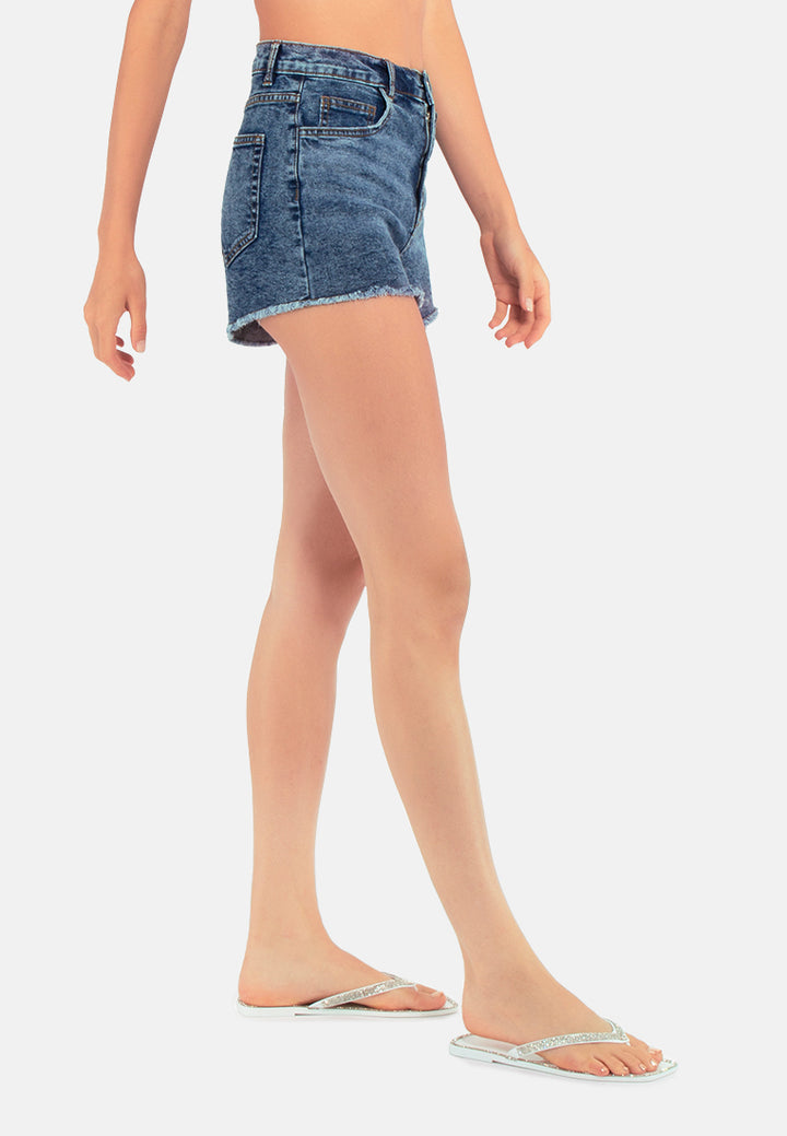 high waist raw hem shorts#color_mid-blue