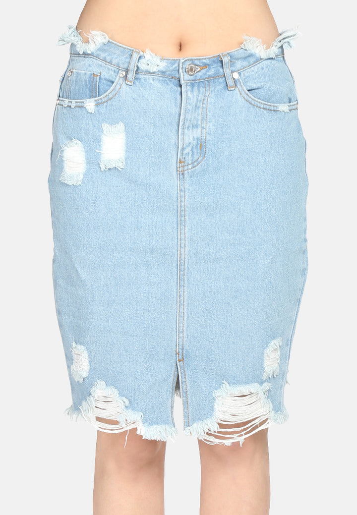 women's mid wash denim skirt with distress#color_blue