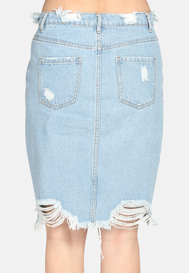 women's mid wash denim skirt with distress#color_blue