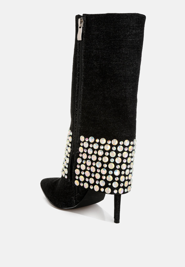 diamante & rhinestones denim boots by ruw#color_black