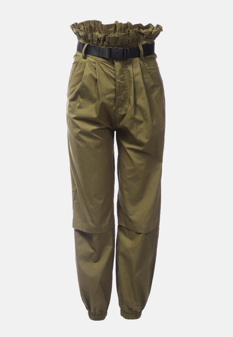 paper bag pants with buckled belt#color_military-green