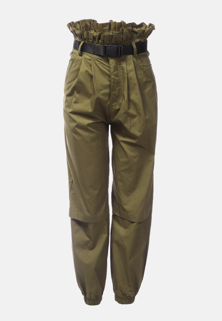 paper bag pants with buckled belt#color_military-green