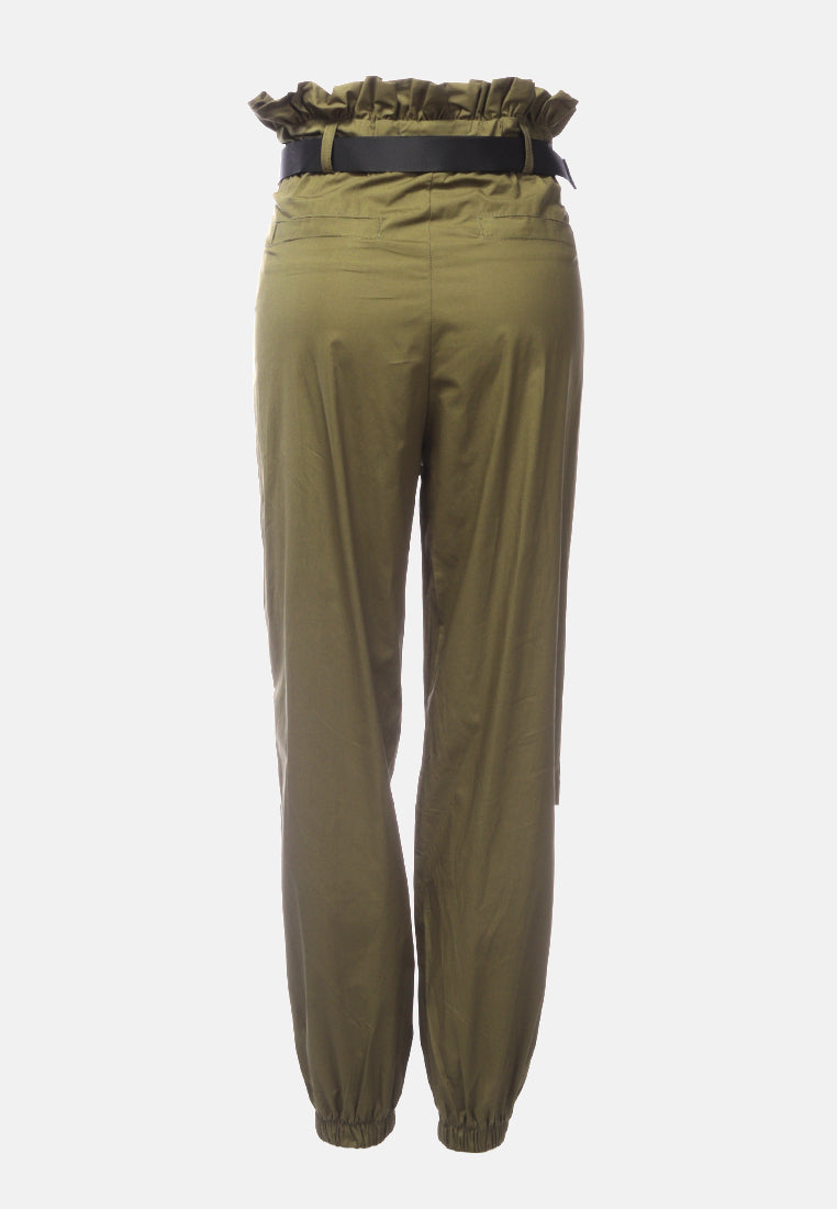 paper bag pants with buckled belt#color_military-green